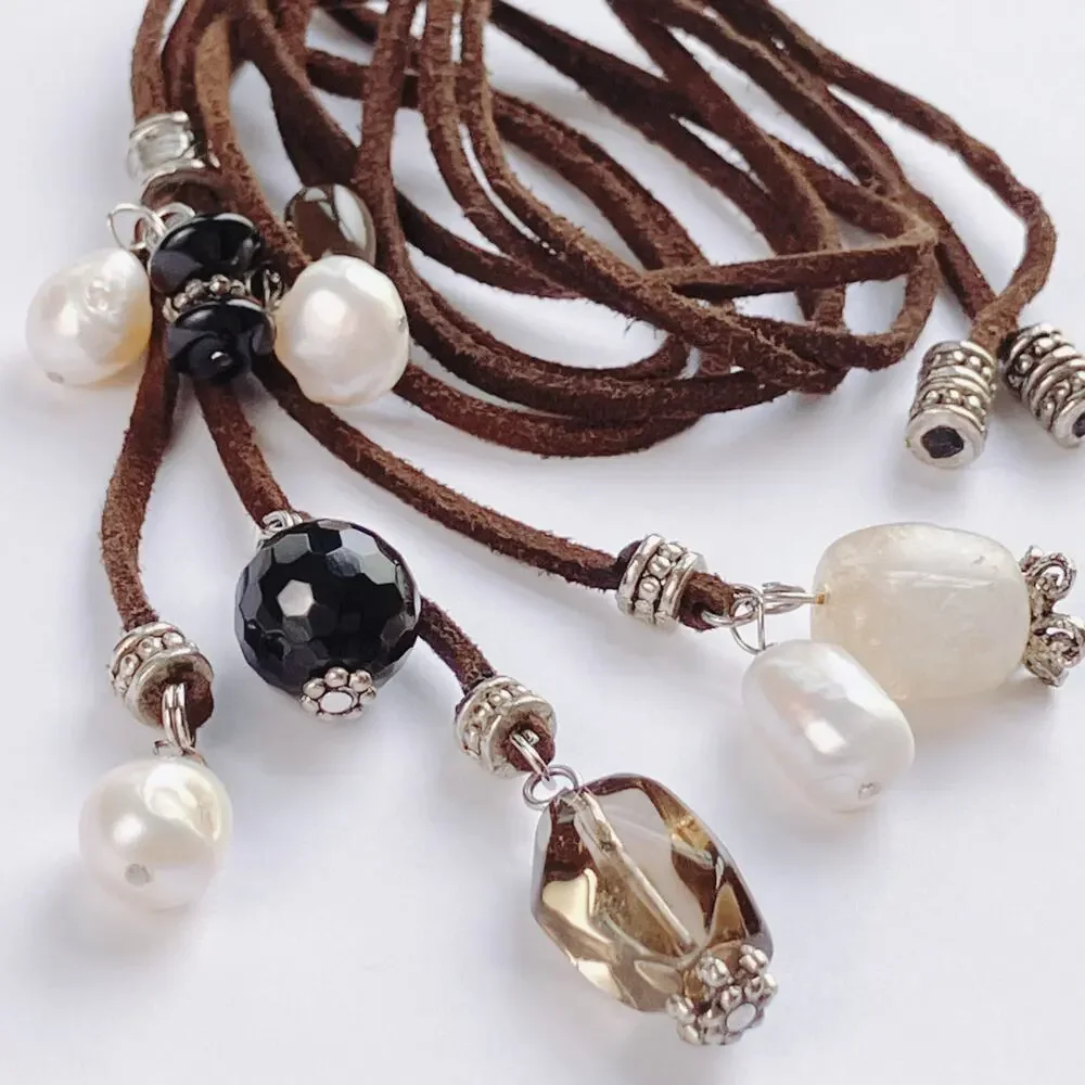 VTG Gemstone Freshwater Pearls Long Necklace Spinel Quartz Tourmaline Suede Boho